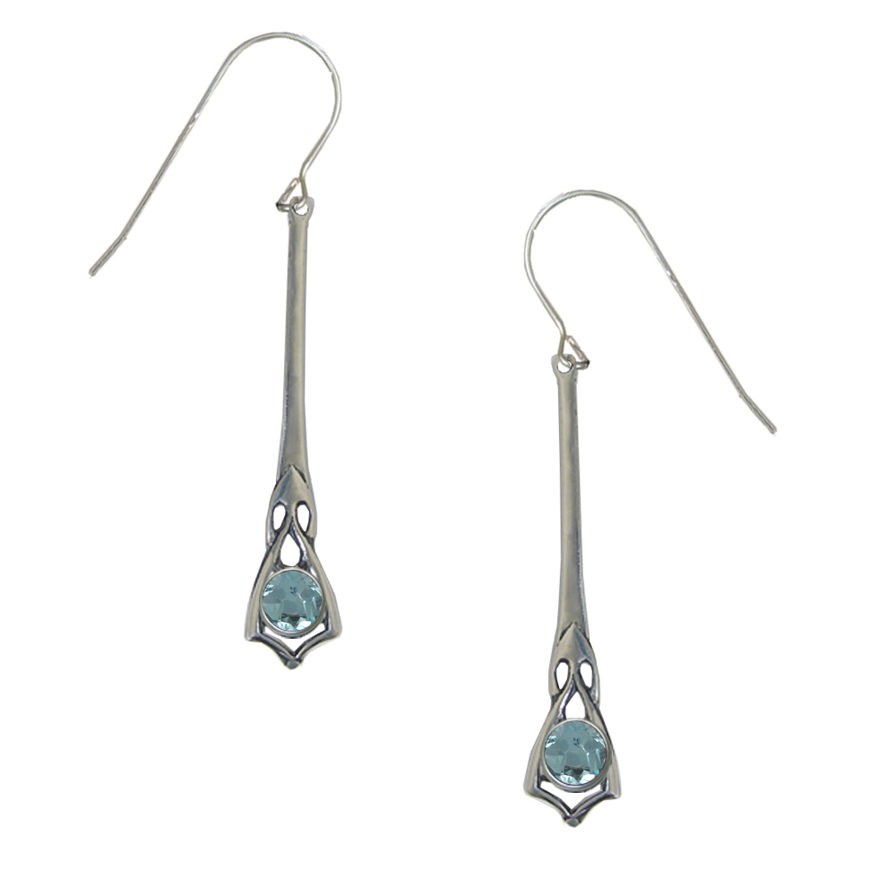 Sterling Silver Art Deco Drop Dangle Earrings With Faceted Blue Topaz